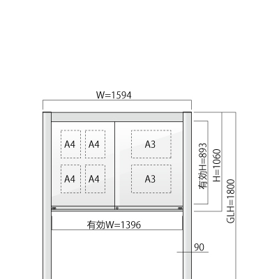 横1594㎜の縦1060㎜の掲示板