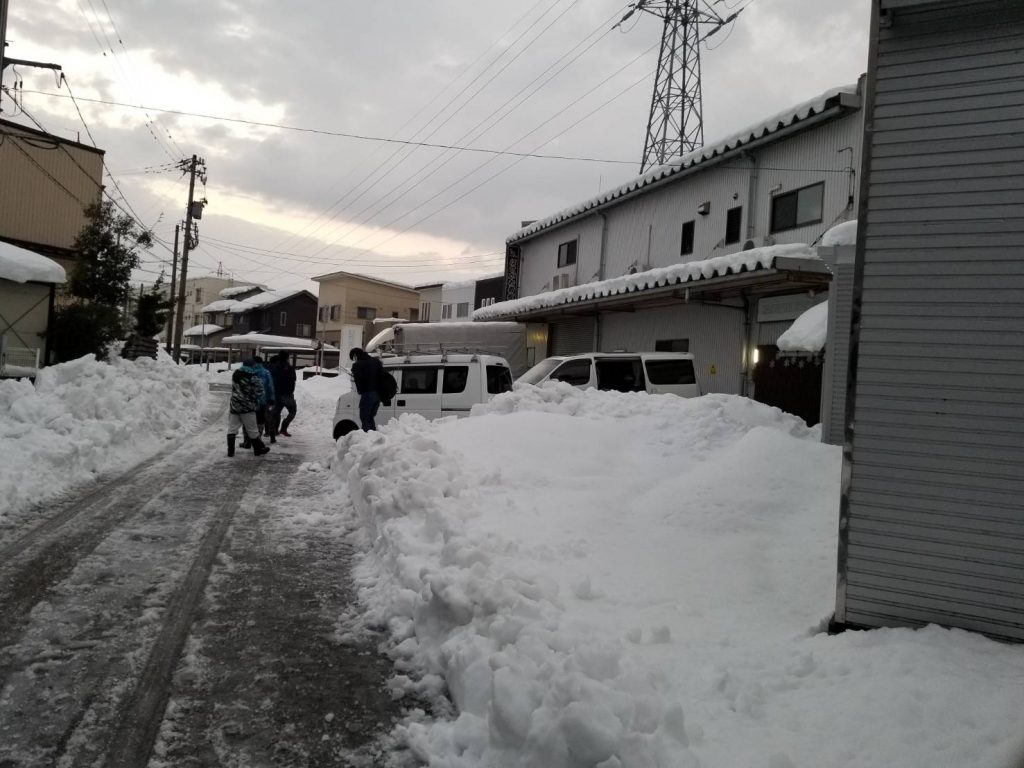 福井は大雪はせがわ看板の前も雪の山