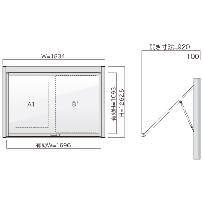 跳ね上げ式壁付掲示板pka-p-1812-kの寸法