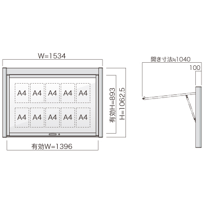 跳ね上げ式壁付掲示板pka-p-1510-kの寸法