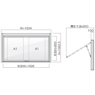 跳ね上げ式壁付掲示板pka-p-1810-kの寸法